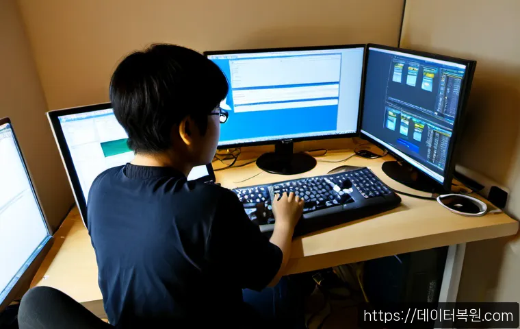 신당동 centos재설치 포맷  초기화 - Photorealistic IT workstation in a compact Sindang-dong office, technician reinstalling a Linux serv...