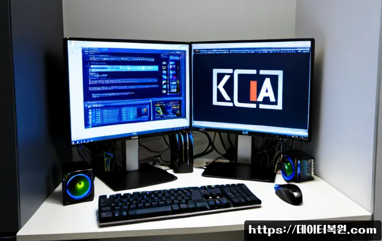 문배동 KERNEL_SECURITY_CHECK_FAILURE - Photorealistic IT support workstation in a compact Yongsan-style office, dual monitors showing a bla...