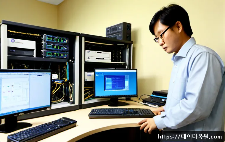봉래동 나스 nas 설정및수리 - Photorealistic compact IT workstation in a Bongnaedong-style harbor district office, technician conn...