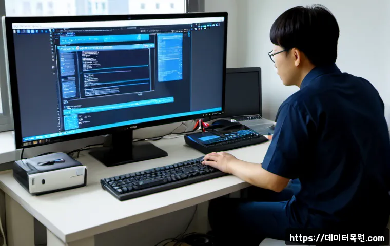 성산동 FAT32_FILE_SYSTEM - Photorealistic IT support workstation in a compact Seongsan-dong apartment office, engineer inspecti...