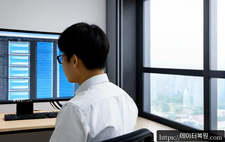 일산서구 STATUS_STACK_OVERFLOW - Photorealistic IT support workstation in a modern Ilsanseo office, exhausted engineer viewing a blan...
