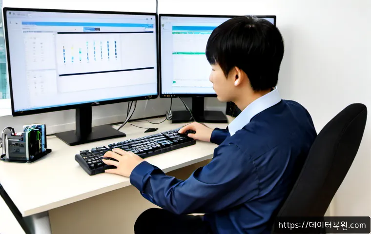 송정동 STATUS_UNSUCCESSFUL - Photorealistic IT support workstation in a compact Songjeong-dong office, dual monitors showing a cl...