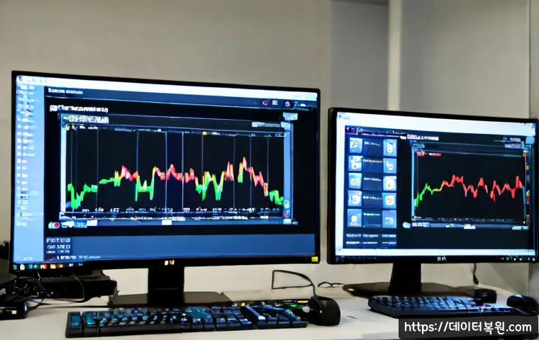 동소문동 REGISTRY_ERROR - Photorealistic IT support workstation in a compact Dongdaemun-area office, dual monitors showing abs...