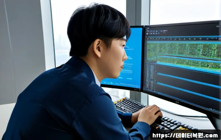 여의도 THREAD_STUCK_IN_DEVICE_DRIVER - Photorealistic IT support workstation in a modern Yeouido office tower, dual monitors showing a blan...