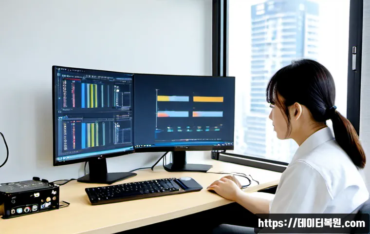광진구 FAT_FILE_SYSTEM - Photorealistic IT support workstation in a compact Gwangjin-gu office, dual monitors showing abstrac...
