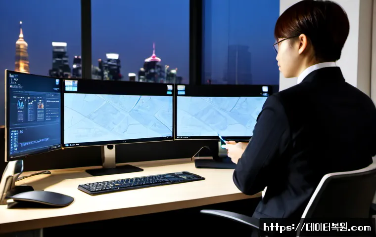 서초동 STATUS_FILE_LOCK_CONFLICT - Photorealistic premium workstation in a Seocho-dong legal-tech office, dual monitors showing a detai...