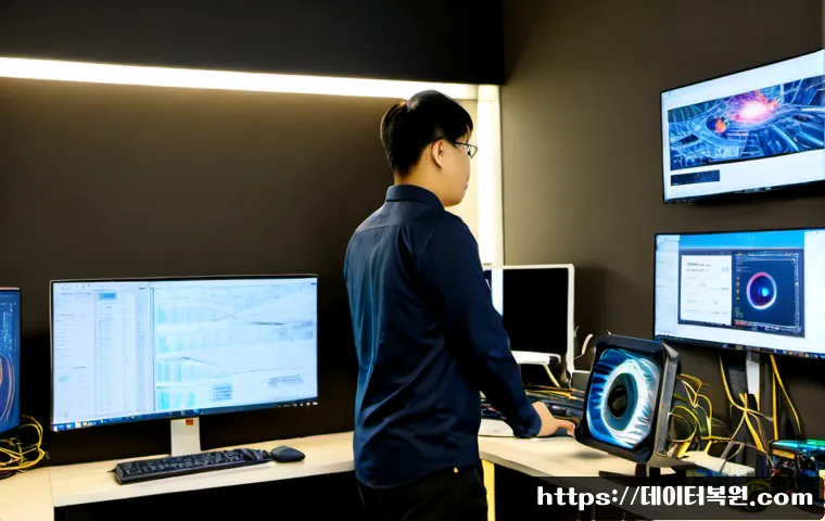 산천동 INACCESSIBLE_BOOT_DEVICE - Photorealistic IT support workstation in a compact Sancheon-dong office, desktop tower opened beside...