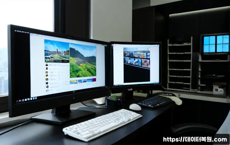 응봉동 STATUS_IMAGE_CORRUPTION - Photorealistic remote-support workstation in a compact Eungbong-dong apartment office, dual monitors...