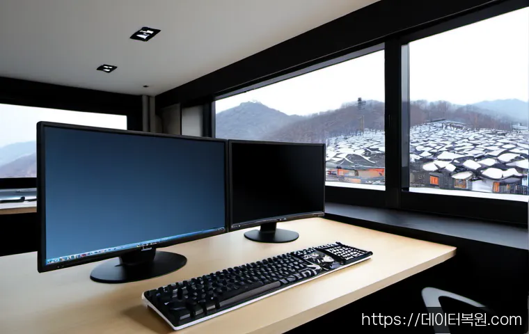누상동 STATUS_SESSION_TIMEOUT - Photorealistic remote-support workstation in a quiet Seoul hillside studio, dual monitors showing a ...