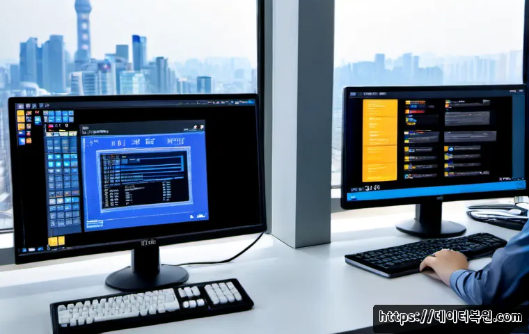 미근동 DRIVER_IRQL_NOT_LESS_OR_EQUAL - Photorealistic IT support workstation in a modern civic-office district, dual monitors showing a bla...