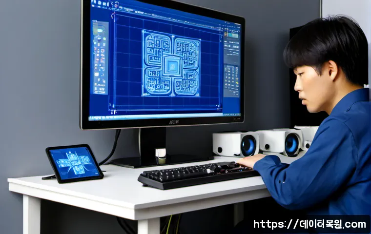 통인동 CRITICAL_PROCESS_DIED - Photorealistic desktop support scene in a compact Tongin-dong design studio, dual monitors showing a...