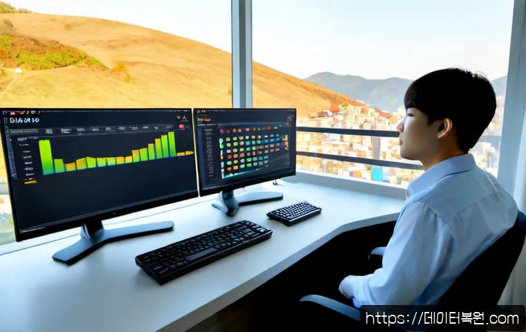 청림동 MEMORY_MANAGEMENT - Photorealistic modern workstation in a quiet hillside neighborhood apartment, dual monitors showing ...