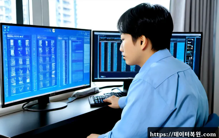 노원구 DRIVER_CORRUPTED_EXPOOL - Photorealistic IT support workstation in a bright Nowon-gu apartment study, dual monitors showing ab...