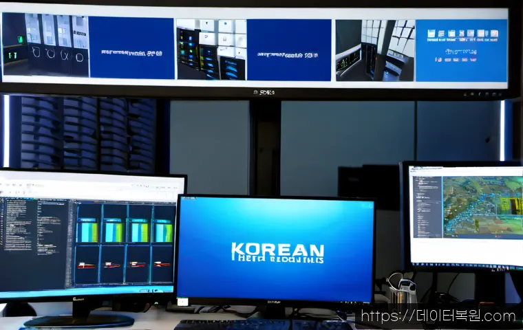 원효로 KERNEL_MODE_HEAP_CORRUPTION - Photorealistic IT support workstation in a compact Wonhyoro electronics district office, dual monito...