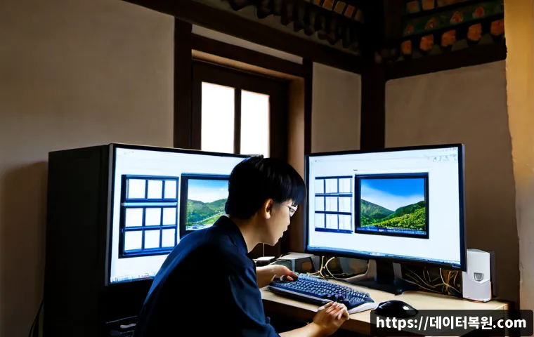 훈정동 bootdevice - Photorealistic PC repair workstation in a compact historic Seoul neighborhood studio, technician con...