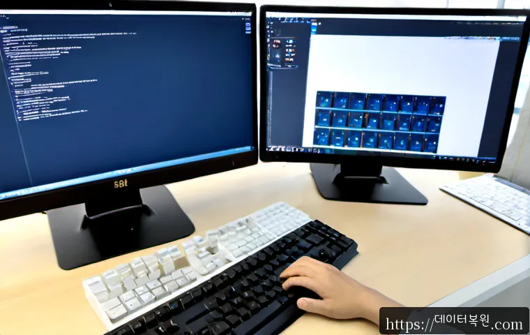 사리현동 STATUS_FILE_CORRUPTION - Photorealistic IT support workstation in a quiet suburban Korean office near Sarihyeon-dong, dual mo...