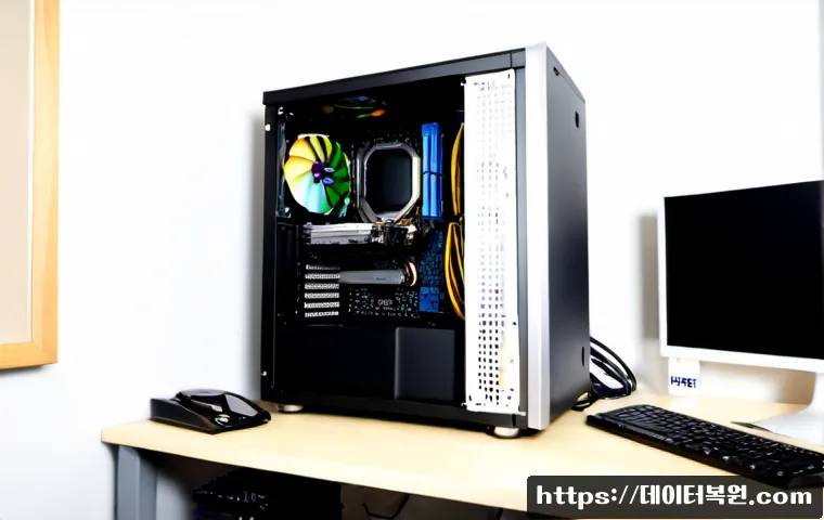 염리동 하드조립 및 교체수리 - Photorealistic desktop PC hardware assembly on a tidy technician workbench, open tower case with a n...