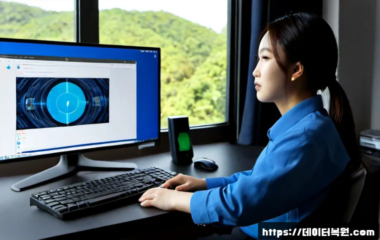 삼각산동 UDFS_FILE_SYSTEM - Photorealistic IT support workstation in a compact apartment office near a wooded hillside district,...