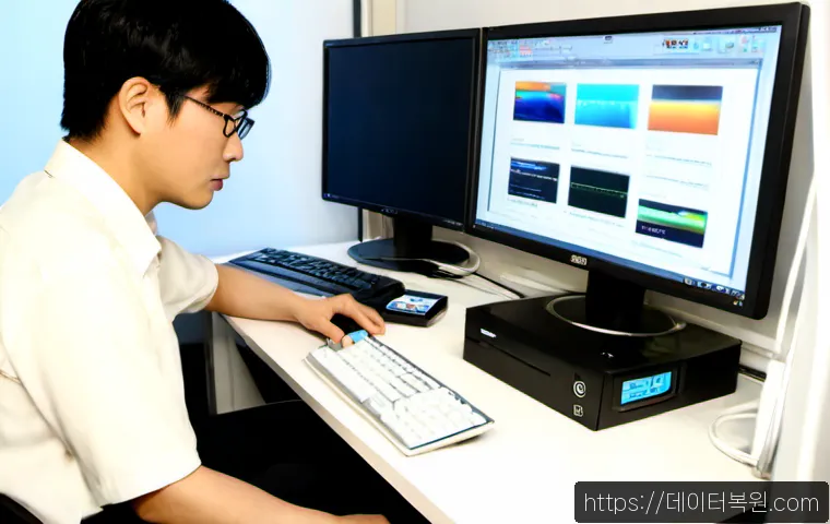 미근동 UDFS_FILE_SYSTEM - Photorealistic remote-support workstation in a compact Migun-dong office, dual monitors showing a cl...