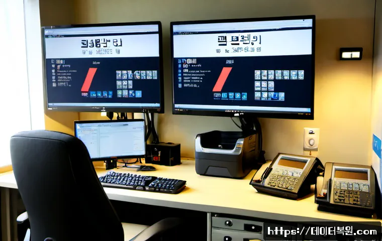 원효로 STATUS_DISK_FULL - Photorealistic compact engineering workstation in a Wonhyoro-style mixed industrial office, dual mon...