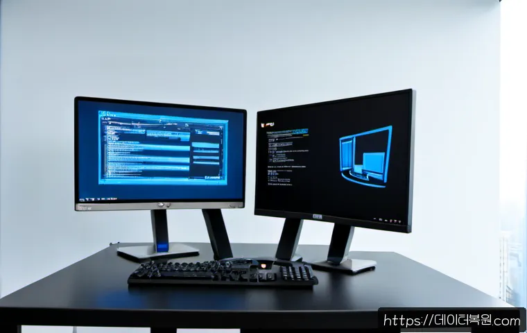 갈월동 IO1_INITIALIZATION_FAILED - Photorealistic IT support workstation in a compact Galwol-dong office, dual monitors showing a blank...