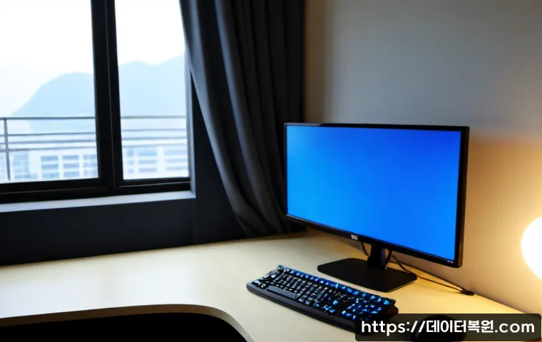 동빙고동 MACHINE_CHECK_EXCEPTION - Photorealistic premium architectural workstation in Dongbinggo-dong, dual monitors showing a blank c...
