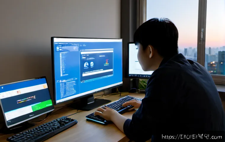 온수동 STATUS_CONTROL_C_EXIT - Photorealistic remote-support workstation in a compact western Seoul apartment office, dual monitors...
