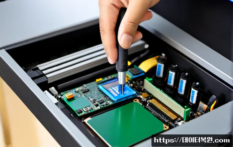 역촌동 오버클럭 뚜따 - Photorealistic PC repair workstation in a compact Yeokchon-dong electronics shop, technician careful...