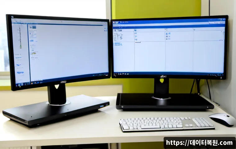 효제동 MEMORY_MANAGEMENT - Photorealistic remote-support workstation in a compact Hyoje-dong office, dual monitors showing abst...