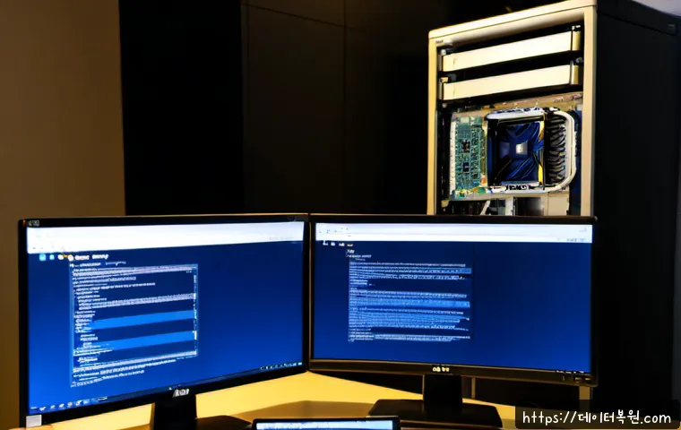 중구 STATUS_KERNEL_HEAP_CORRUPTION - Photorealistic IT support workstation in Jung-gu, Seoul, dual-monitor desktop showing a blank cobalt...