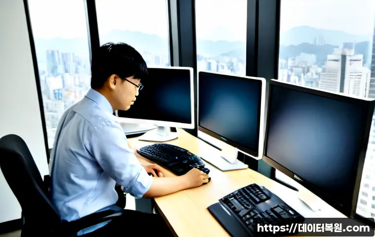 대치동 CDFS_FILE_SYSTEM - Photorealistic IT support workstation in a polished Daechi-dong office tower, engineer examining a d...