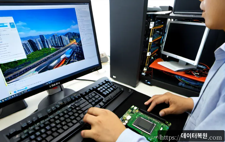 신계동 하드조립 및 교체수리 - Photorealistic computer repair workstation in Singye-dong, technician installing a new graphics card...