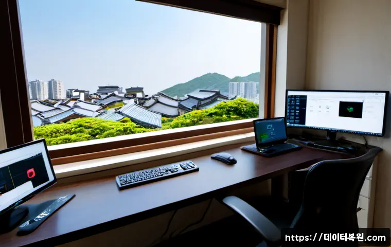 원문동 centos재설치 포맷  초기화 - Photorealistic remote-support workstation in a quiet Wonmun-dong apartment office, dual monitors sho...