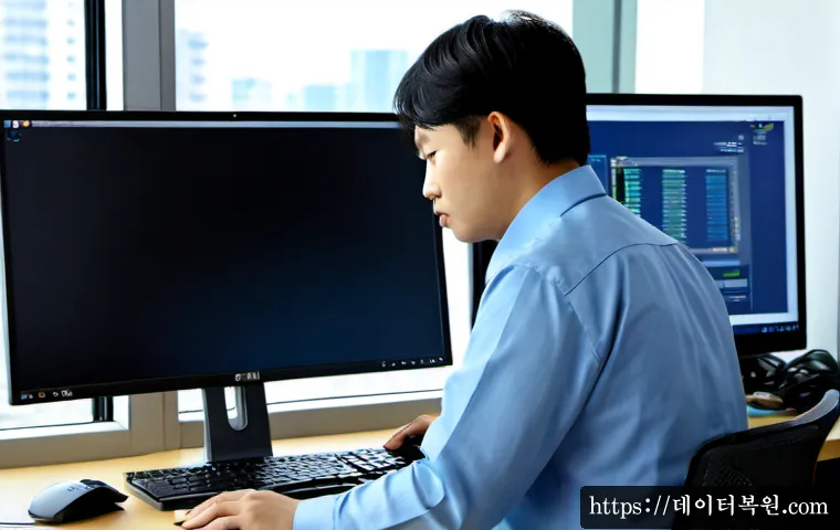 상일동 STATUS_KERNEL_DATA_CORRUPTION - Photorealistic IT support workstation in a modern Sangil-dong apartment office, dual monitors showin...