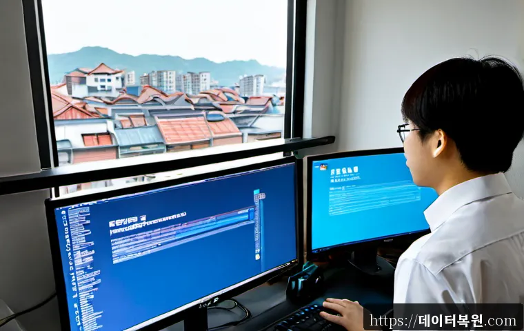 마포동 KERNEL_SECURITY_CHECK_FAILURE - Photorealistic IT support workstation in a compact Mapo-dong office, dual monitors showing a blue sy...