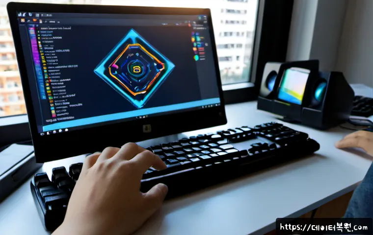 철산동 MEMORY_MANAGEMENT - Photorealistic IT workstation in a modern Korean apartment-office setting, desktop monitor showing a...