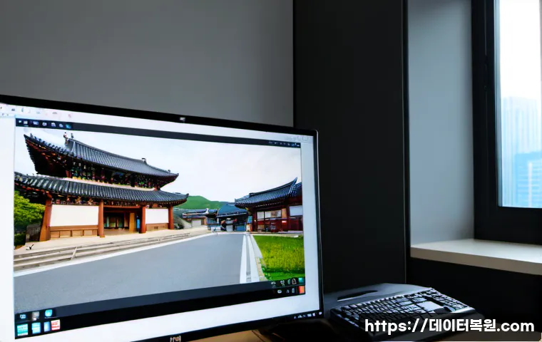 청진동 STATUS_INVALID_IMAGE_FORMAT - Photorealistic IT support workstation in a compact Cheongjin-dong office, dual monitors showing a bl...