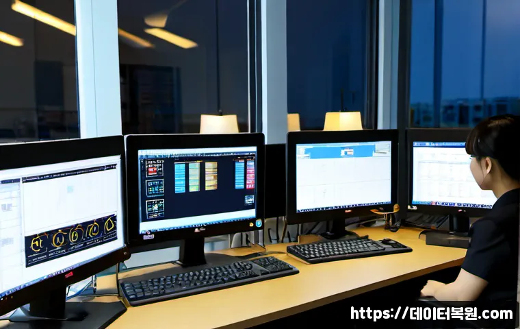 노량진 STATUS_DATATYPE_MISALIGNMENT - Photorealistic IT support workstation in a compact Noryangjin office, dual monitors showing a generi...
