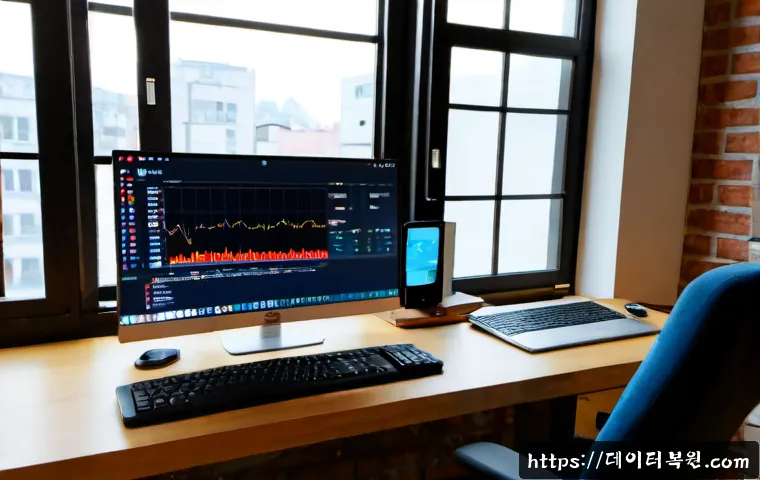 연남동 STATUS_SYSTEM_PROCESS_TERMINATED - Photorealistic remote-support workstation in a cozy Yeonnam-dong loft office, dual monitors showing ...