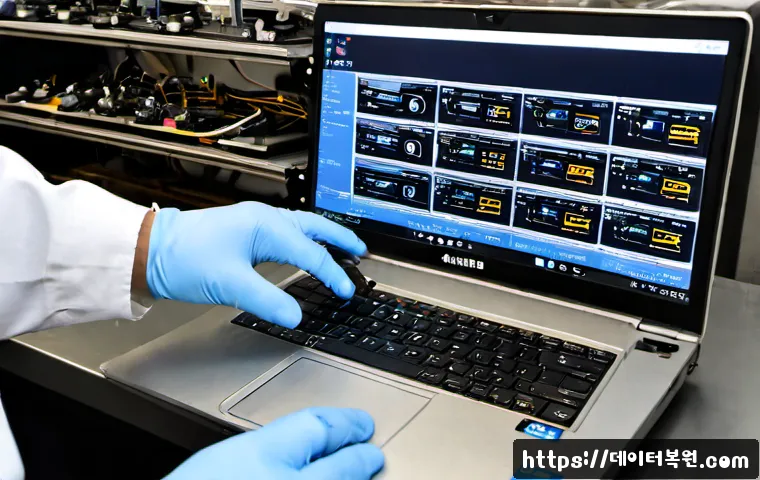 상면 맥북에어 판매 및 수리 - Photorealistic electronics service bench in Sangmyeon, an ultrathin silver laptop being carefully op...