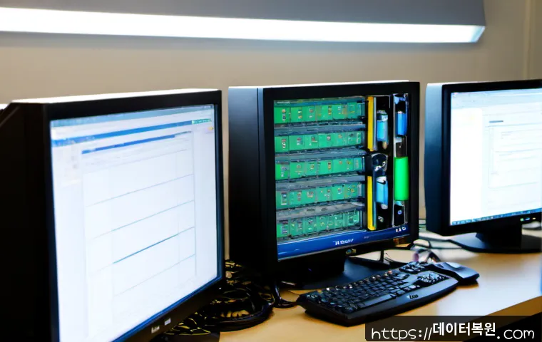 재동 DPC_WATCHDOG_VIOLATION - Photorealistic IT support workstation during a Windows recovery reboot, dual monitors showing abstra...