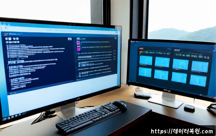 창성동 DRIVER_CORRUPTED_EXPOOL - Photorealistic IT support workstation in a compact Changseong-dong office, dual monitors showing abs...