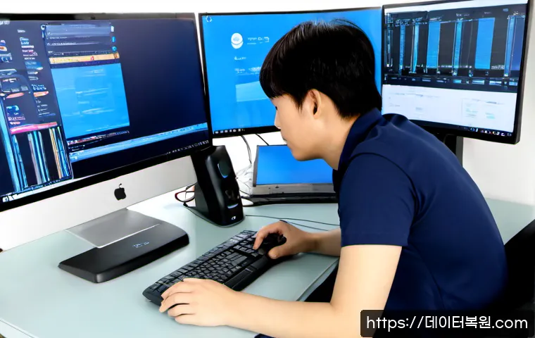 안암동 DRIVER_PORTION_MUST_BE_NONPAGED - Photorealistic IT support workstation in a compact Anam-dong office near a university district, dual...