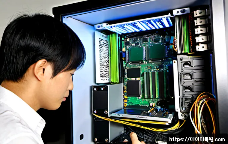 교남동 하드조립 및 교체수리 - Photorealistic PC repair workstation in a compact Jongno-style office, technician installing a new g...