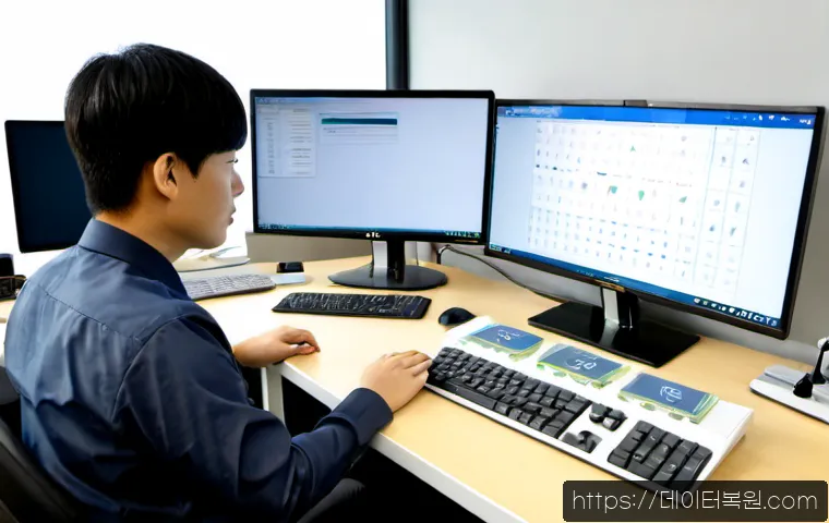 마곡동 STATUS_KERNEL_MODULE_INVALID - Photorealistic workstation in a modern Magok tech office, software engineer viewing a clean abstract...
