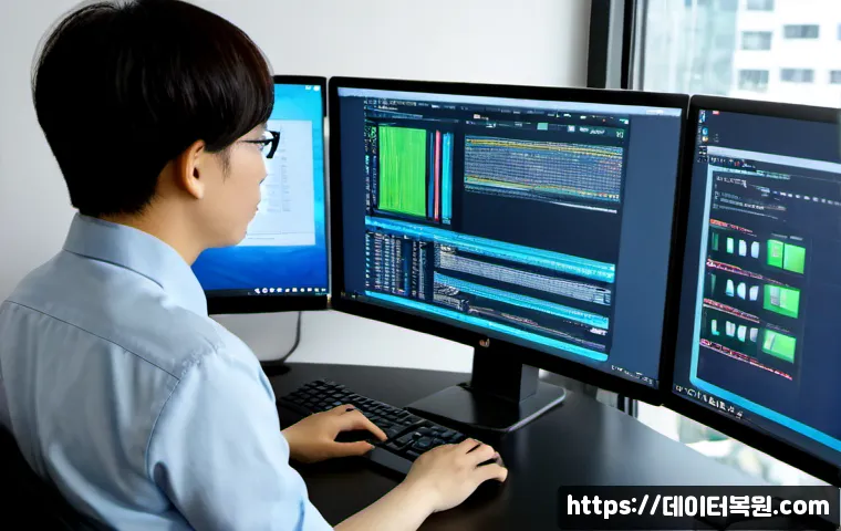 송정동 ATTEMPTED_EXECUTE_OF_NOEXECUTE_MEMORY - Photorealistic IT support workstation in a compact Songjeong-dong office, dual monitors displaying a...
