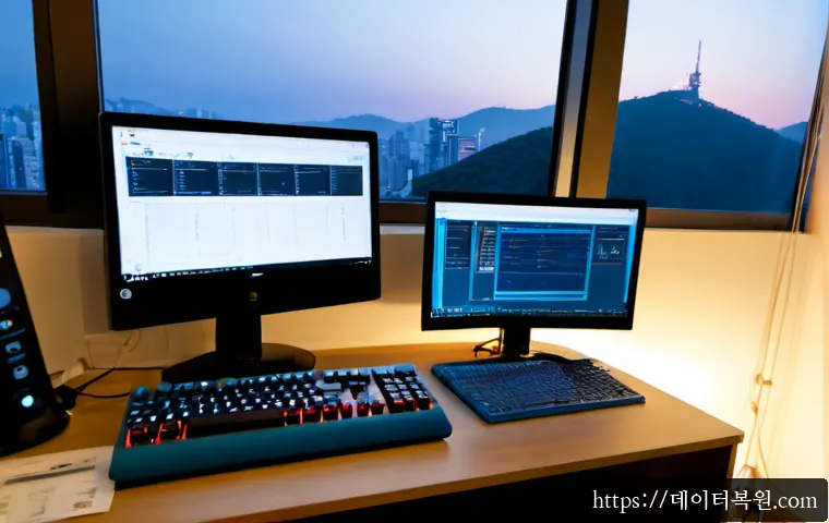상도동 THREAD_TERMINATION_PORT - Photorealistic remote-support workstation in a compact Sangdo-dong apartment office, dual monitors s...