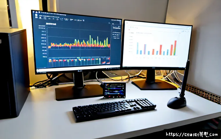 이촌동 HARDWARE_INTERRUPT_STORM - Photorealistic IT support workstation in a quiet high-rise apartment office near a broad riverside d...