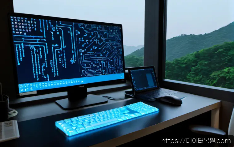 흑석동 STATUS_KERNEL_THREAD_INTERRUPTED - Photorealistic software engineer workstation in a modern riverside apartment near a wooded Seoul hil...