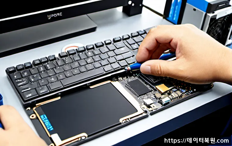 입정동 SSD조립 및 교체수리 - Photorealistic electronics repair bench in a compact Ipjeong-dong computer workshop, technician inst...